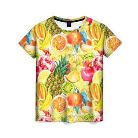 Женская футболка 3D с принтом Веселые фрукты 1 , 100% полиэфир ( синтетическое хлопкоподобное полотно) | прямой крой, круглый вырез горловины, длина до линии бедер | апельсин | арбуз | банан | виноград | груша | киви | овощи | питание | ппп | правильное | тайланд | фрукт | яблоко