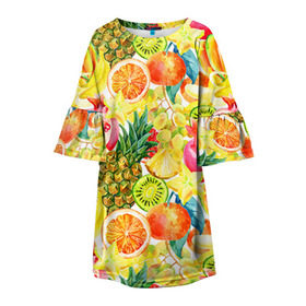 Детское платье 3D с принтом Веселые фрукты 1 , 100% полиэстер | прямой силуэт, чуть расширенный к низу. Круглая горловина, на рукавах — воланы | апельсин | арбуз | банан | виноград | груша | киви | овощи | питание | ппп | правильное | тайланд | фрукт | яблоко