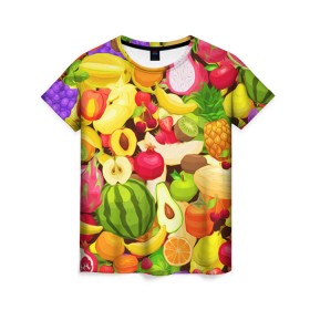 Женская футболка 3D с принтом Веселые фрукты , 100% полиэфир ( синтетическое хлопкоподобное полотно) | прямой крой, круглый вырез горловины, длина до линии бедер | апельсин | арбуз | банан | виноград | груша | киви | овощи | питание | ппп | правильное | тайланд | фрукт | яблоко