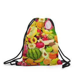 Рюкзак-мешок 3D с принтом Веселые фрукты , 100% полиэстер | плотность ткани — 200 г/м2, размер — 35 х 45 см; лямки — толстые шнурки, застежка на шнуровке, без карманов и подкладки | апельсин | арбуз | банан | виноград | груша | киви | овощи | питание | ппп | правильное | тайланд | фрукт | яблоко
