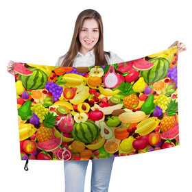Флаг 3D с принтом Веселые фрукты , 100% полиэстер | плотность ткани — 95 г/м2, размер — 67 х 109 см. Принт наносится с одной стороны | апельсин | арбуз | банан | виноград | груша | киви | овощи | питание | ппп | правильное | тайланд | фрукт | яблоко