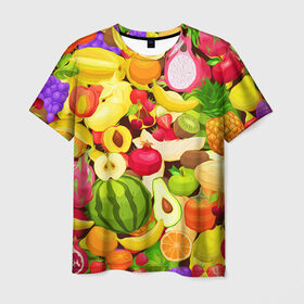Мужская футболка 3D с принтом Веселые фрукты , 100% полиэфир | прямой крой, круглый вырез горловины, длина до линии бедер | апельсин | арбуз | банан | виноград | груша | киви | овощи | питание | ппп | правильное | тайланд | фрукт | яблоко