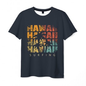 Мужская футболка 3D с принтом HAWAII , 100% полиэфир | прямой крой, круглый вырез горловины, длина до линии бедер | Тематика изображения на принте: hawaii | гаваи | лето | океан | отдых | пальмы | пляж | серф