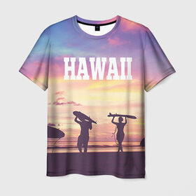 Мужская футболка 3D с принтом HAWAII 3 , 100% полиэфир | прямой крой, круглый вырез горловины, длина до линии бедер | hawaii | гаваи | лето | океан | отдых | пальмы | пляж | серф