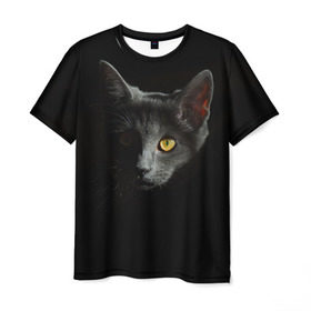 Мужская футболка 3D с принтом Кошачий взгляд , 100% полиэфир | прямой крой, круглый вырез горловины, длина до линии бедер | Тематика изображения на принте: глаз | киска | кот | котёнок | кошка | прикольные картинки | темнота | тьма