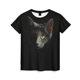 Женская футболка 3D с принтом Кошачий взгляд , 100% полиэфир ( синтетическое хлопкоподобное полотно) | прямой крой, круглый вырез горловины, длина до линии бедер | глаз | киска | кот | котёнок | кошка | прикольные картинки | темнота | тьма