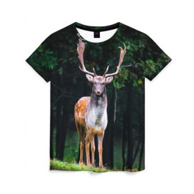 Женская футболка 3D с принтом Благородный олень , 100% полиэфир ( синтетическое хлопкоподобное полотно) | прямой крой, круглый вырез горловины, длина до линии бедер | деревья | лес | олень | природа | рога