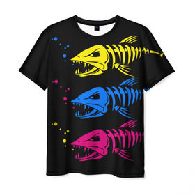 Мужская футболка 3D с принтом Рыбалка , 100% полиэфир | прямой крой, круглый вырез горловины, длина до линии бедер | art | bubbles | fish | fishing | river | skeleton | water | арт | вода | пузыри | река | рыба | рыбалка | скелет
