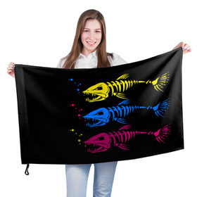 Флаг 3D с принтом Рыбалка , 100% полиэстер | плотность ткани — 95 г/м2, размер — 67 х 109 см. Принт наносится с одной стороны | art | bubbles | fish | fishing | river | skeleton | water | арт | вода | пузыри | река | рыба | рыбалка | скелет
