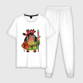 Мужская пижама хлопок с принтом Забавные Индейцы 8 , 100% хлопок | брюки и футболка прямого кроя, без карманов, на брюках мягкая резинка на поясе и по низу штанин
 | апачи | вождь | воин | животные | запад | канада | лидер | лицо | северная | смешные | талисман | цвет