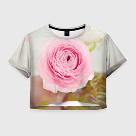 Женская футболка 3D укороченная с принтом Розовый цветок , 100% полиэстер | круглая горловина, длина футболки до линии талии, рукава с отворотами | 
