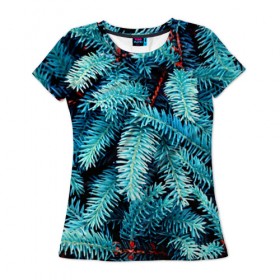 Женская футболка 3D с принтом Голубая ель , 100% полиэфир ( синтетическое хлопкоподобное полотно) | прямой крой, круглый вырез горловины, длина до линии бедер | елка | ель | иголки | пихтовый | природа | хвоя