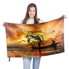 Флаг 3D с принтом Рыбалка , 100% полиэстер | плотность ткани — 95 г/м2, размер — 67 х 109 см. Принт наносится с одной стороны | Тематика изображения на принте: boat | clouds | emblem | fish | fishermen | fishing | logo | nature | net | reflection | river | sky | sturgeon | sun | sunset | water | wave | вода | волна | закат | логотип | лодка | небо | облака | осетр | отражение | природа | река | рыба | рыбаки | р