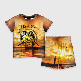 Детский костюм с шортами 3D с принтом Рыбалка ,  |  | boat | clouds | emblem | fish | fishermen | fishing | logo | nature | net | reflection | river | sky | sturgeon | sun | sunset | water | wave | вода | волна | закат | логотип | лодка | небо | облака | осетр | отражение | природа | река | рыба | рыбаки | р