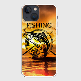 Чехол для iPhone 13 mini с принтом Рыбалка ,  |  | boat | clouds | emblem | fish | fishermen | fishing | logo | nature | net | reflection | river | sky | sturgeon | sun | sunset | water | wave | вода | волна | закат | логотип | лодка | небо | облака | осетр | отражение | природа | река | рыба | рыбаки | р