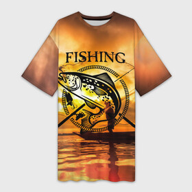 Платье-футболка 3D с принтом Рыбалка ,  |  | boat | clouds | emblem | fish | fishermen | fishing | logo | nature | net | reflection | river | sky | sturgeon | sun | sunset | water | wave | вода | волна | закат | логотип | лодка | небо | облака | осетр | отражение | природа | река | рыба | рыбаки | р