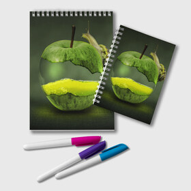 Блокнот с принтом Яблоко , 100% бумага | 48 листов, плотность листов — 60 г/м2, плотность картонной обложки — 250 г/м2. Листы скреплены удобной пружинной спиралью. Цвет линий — светло-серый
 | арт | зеленый | новые | улитка | фантастика | фрукты | яблоко