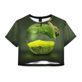 Женская футболка 3D укороченная с принтом Яблоко , 100% полиэстер | круглая горловина, длина футболки до линии талии, рукава с отворотами | арт | зеленый | новые | улитка | фантастика | фрукты | яблоко