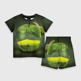 Детский костюм с шортами 3D с принтом Яблоко ,  |  | арт | зеленый | новые | улитка | фантастика | фрукты | яблоко