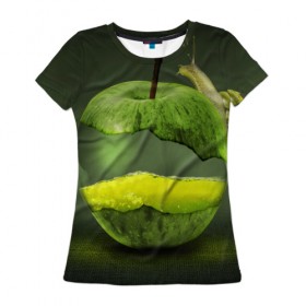Женская футболка 3D с принтом Яблоко , 100% полиэфир ( синтетическое хлопкоподобное полотно) | прямой крой, круглый вырез горловины, длина до линии бедер | арт | зеленый | новые | улитка | фантастика | фрукты | яблоко