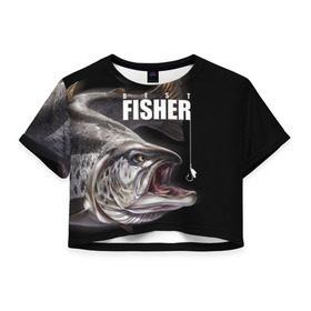 Женская футболка 3D укороченная с принтом Лучший рыбак , 100% полиэстер | круглая горловина, длина футболки до линии талии, рукава с отворотами | background | best fisherman | black | fish | fishing | sturgeon | лучший рыбак | осетр | рыба | рыбалка | фон | черный