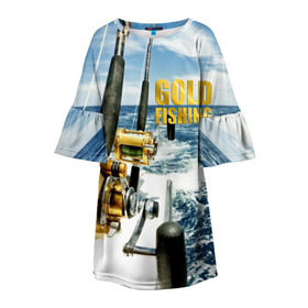 Детское платье 3D с принтом Золотая рыбалка , 100% полиэстер | прямой силуэт, чуть расширенный к низу. Круглая горловина, на рукавах — воланы | boat | fishing rod | gold fishing | ocean | reel | rod | sea | sky | spinning | water | waves | вода | волны | золотая рыбалка | катушка | море | небо | океан | пиннинг | удилище | удочка | яхта