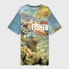 Платье-футболка 3D с принтом Лучший рыбак ,  |  | best fisherman | bottom | bubbles | fish | fishing | leaf | maple | rays | river | stones | sturgeon | water | вода | дно | камни | кленовый | лист | лучи | лучший | осетр | пузыри | река | рыба | рыбак | рыбалка
