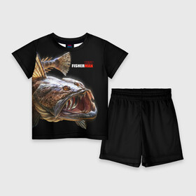 Детский костюм с шортами 3D с принтом Лучший рыбак ,  |  | best fisherman | black background | deep | fish | fishing | jaws | predator | teeth | water | вода | глубина | зубы | лучший | пасть | рыба | рыбак | рыбалка | хищник | черный фон