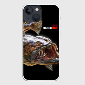 Чехол для iPhone 13 mini с принтом Лучший рыбак ,  |  | Тематика изображения на принте: best fisherman | black background | deep | fish | fishing | jaws | predator | teeth | water | вода | глубина | зубы | лучший | пасть | рыба | рыбак | рыбалка | хищник | черный фон