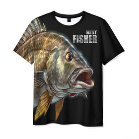 Мужская футболка 3D с принтом Лучший рыбак , 100% полиэфир | прямой крой, круглый вырез горловины, длина до линии бедер | Тематика изображения на принте: background | best fisherman | black | fish | fishing | лучший рыбак | рыба | рыбалка | фон | черный