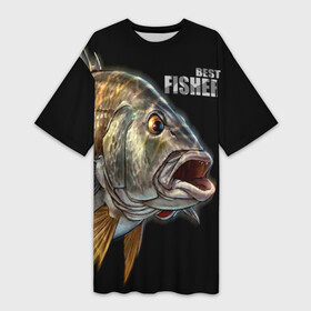 Платье-футболка 3D с принтом Лучший рыбак ,  |  | background | best fisherman | black | fish | fishing | лучший рыбак | рыба | рыбалка | фон | черный