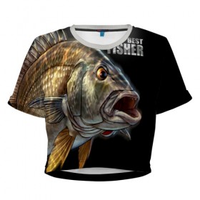 Женская футболка 3D укороченная с принтом Лучший рыбак , 100% полиэстер | круглая горловина, длина футболки до линии талии, рукава с отворотами | background | best fisherman | black | fish | fishing | лучший рыбак | рыба | рыбалка | фон | черный