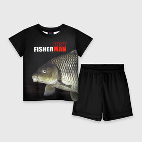 Детский костюм с шортами 3D с принтом Лучший рыбак ,  |  | background | best fisherman | black | fish | fishing | лещ | лучший рыбак | рыба | рыбалка | фон | черный