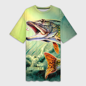 Платье-футболка 3D с принтом Лучший рыбак ,  |  | bait | best fisherman | driftwood | fish | fishing | hook | pike | river bottom | water | вода | дно | коряга | крючок | лучший рыбак | наживка | река | рыба | рыбалка | щука