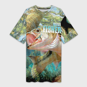 Платье-футболка 3D с принтом Лучший рыбак ,  |  | bait | baubles | best fisherman | driftwood | fish | fishing | hook | perch | river bottom | water | блесна | вода | дно | коряга | крючок | лучший рыбак | наживка | окунь | река | рыба | рыбалка