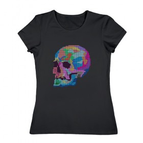 Женская футболка хлопок с принтом Psychedelic skull , 100% хлопок | прямой крой, круглый вырез горловины, длина до линии бедер, слегка спущенное плечо | пиксельный | разноцветный | точечный | череп