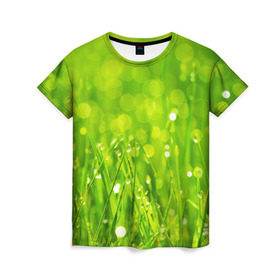 Женская футболка 3D с принтом Роса на траве , 100% полиэфир ( синтетическое хлопкоподобное полотно) | прямой крой, круглый вырез горловины, длина до линии бедер | Тематика изображения на принте: зелёный | зелень | луг | роса | яркий