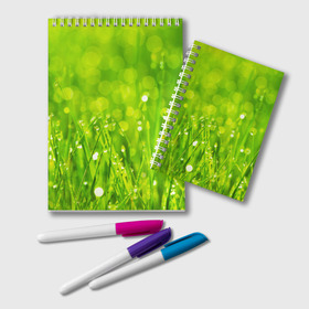 Блокнот с принтом Роса на траве , 100% бумага | 48 листов, плотность листов — 60 г/м2, плотность картонной обложки — 250 г/м2. Листы скреплены удобной пружинной спиралью. Цвет линий — светло-серый
 | зелёный | зелень | луг | роса | яркий
