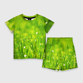 Детский костюм с шортами 3D с принтом Роса на траве ,  |  | Тематика изображения на принте: зелёный | зелень | луг | роса | яркий