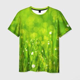 Мужская футболка 3D с принтом Роса на траве , 100% полиэфир | прямой крой, круглый вырез горловины, длина до линии бедер | зелёный | зелень | луг | роса | яркий