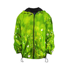 Детская куртка 3D с принтом Роса на траве , 100% полиэстер | застежка — молния, подол и капюшон оформлены резинкой с фиксаторами, по бокам — два кармана без застежек, один потайной карман на груди, плотность верхнего слоя — 90 г/м2; плотность флисового подклада — 260 г/м2 | зелёный | зелень | луг | роса | яркий