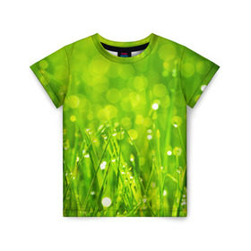 Детская футболка 3D с принтом Роса на траве , 100% гипоаллергенный полиэфир | прямой крой, круглый вырез горловины, длина до линии бедер, чуть спущенное плечо, ткань немного тянется | зелёный | зелень | луг | роса | яркий
