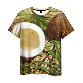 Мужская футболка 3D с принтом Кокос , 100% полиэфир | прямой крой, круглый вырез горловины, длина до линии бедер | бамбук | белый | еда | зеленый | кокос | лето | листья | орех | природа | продукты