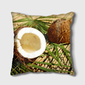 Подушка 3D с принтом Кокос , наволочка – 100% полиэстер, наполнитель – холлофайбер (легкий наполнитель, не вызывает аллергию). | состоит из подушки и наволочки. Наволочка на молнии, легко снимается для стирки | бамбук | белый | еда | зеленый | кокос | лето | листья | орех | природа | продукты
