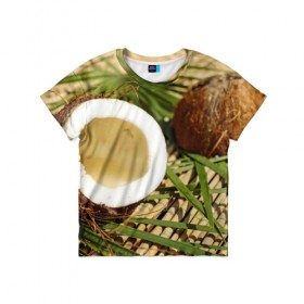 Детская футболка 3D с принтом Кокос , 100% гипоаллергенный полиэфир | прямой крой, круглый вырез горловины, длина до линии бедер, чуть спущенное плечо, ткань немного тянется | бамбук | белый | еда | зеленый | кокос | лето | листья | орех | природа | продукты