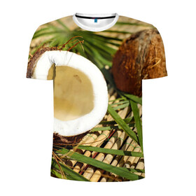 Мужская футболка 3D спортивная с принтом Кокос , 100% полиэстер с улучшенными характеристиками | приталенный силуэт, круглая горловина, широкие плечи, сужается к линии бедра | Тематика изображения на принте: бамбук | белый | еда | зеленый | кокос | лето | листья | орех | природа | продукты