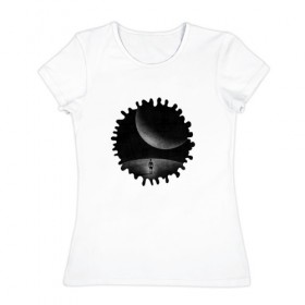 Женская футболка хлопок с принтом Иные миры , 100% хлопок | прямой крой, круглый вырез горловины, длина до линии бедер, слегка спущенное плечо | космос | луна | планета | черно белое
