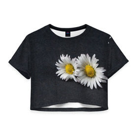 Женская футболка 3D укороченная с принтом Ромашки , 100% полиэстер | круглая горловина, длина футболки до линии талии, рукава с отворотами | зелень | лепестки | пара | природа | растения | ромашки | цветы