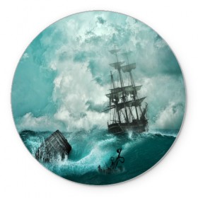Коврик круглый с принтом Море , резина и полиэстер | круглая форма, изображение наносится на всю лицевую часть | бочка | вода | волны | корабль | море | небо | новые | облака | океан | природа | шторм | якорь