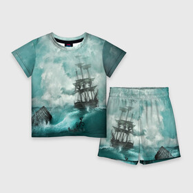 Детский костюм с шортами 3D с принтом Море ,  |  | бочка | вода | волны | корабль | море | небо | новые | облака | океан | природа | шторм | якорь